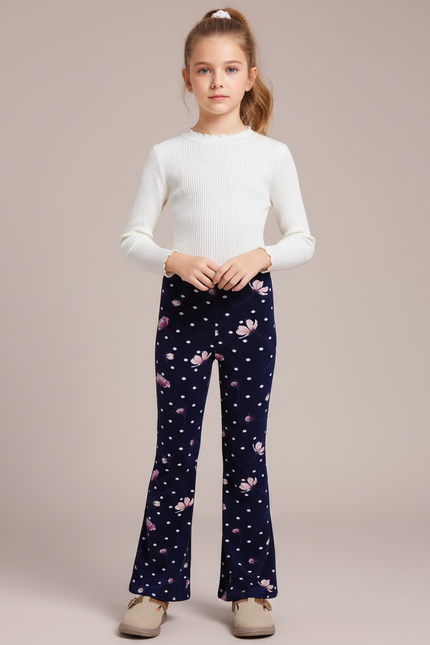 Pantalon Fluide Évasé Motif Floral Polka Dots Velours - Marine