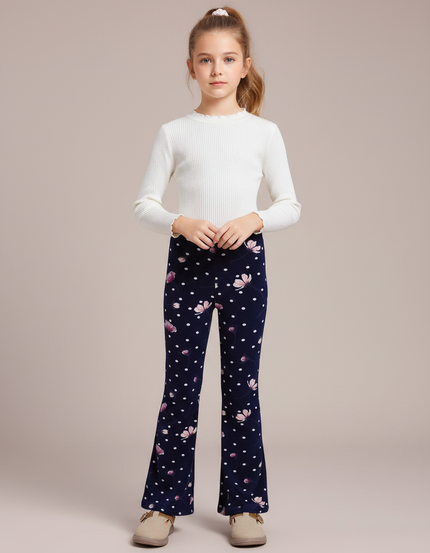 Pantalon Fluide Évasé Motif Floral Polka Dots Velours - Marine