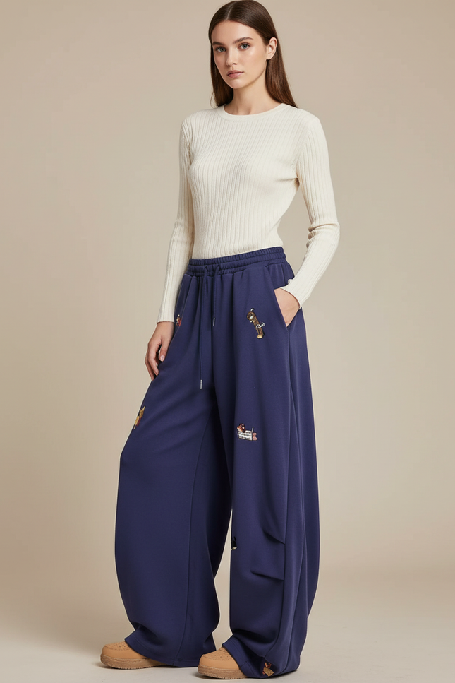 Pantalon Fluide Bleu Marine Large Brodé Décontracté - Molleton