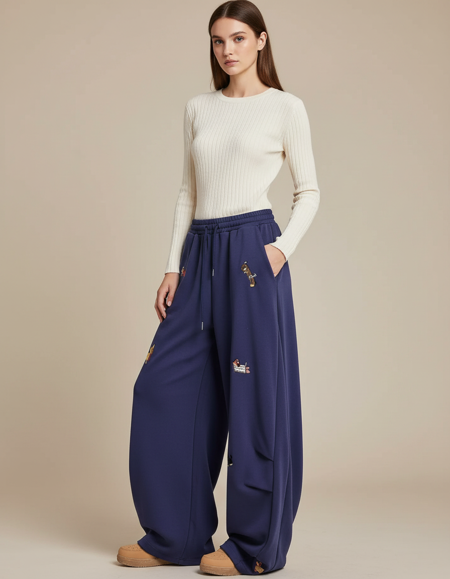 Pantalon Fluide Bleu Marine Large Brodé Décontracté - Molleton