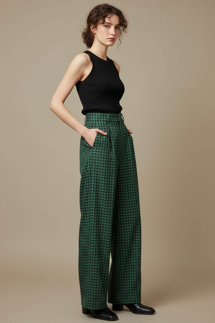Pantalon Fluide Carreaux Vert Ample Taille Haute - Laine