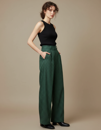 Pantalon Fluide Carreaux Vert Ample Taille Haute - Laine