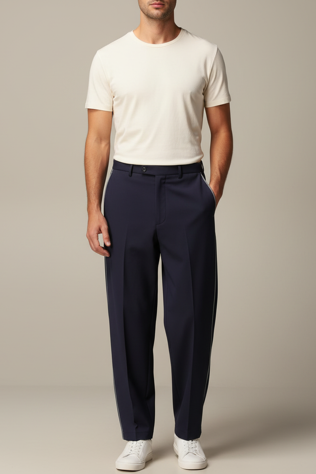 Pantalon Fluide Homme Bleu Marine Droit Élégant Décontracté - Polyester