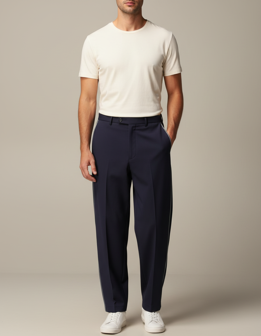 Pantalon Fluide Homme Bleu Marine Droit Élégant Décontracté - Polyester