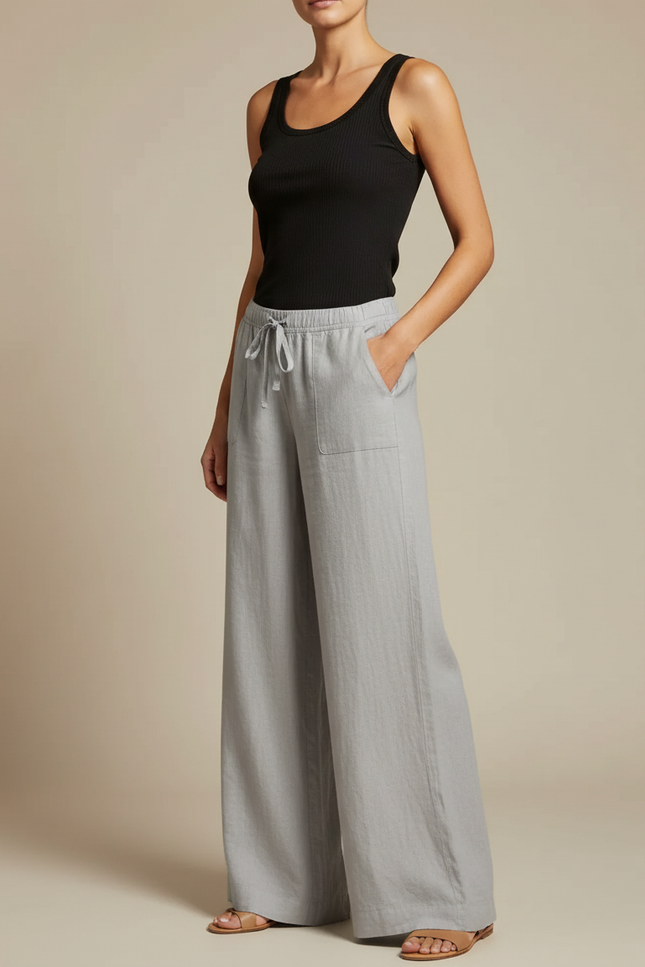 Pantalon Fluide Gris Clair Ample Coton Lin Femme