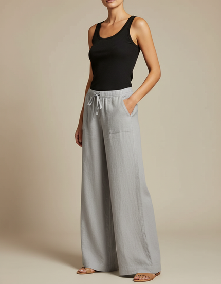Pantalon Fluide Gris Clair Ample Coton Lin Femme