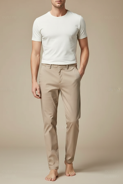 Pantalon Fluide Beige Coton Slim Stretch Décontracté Homme