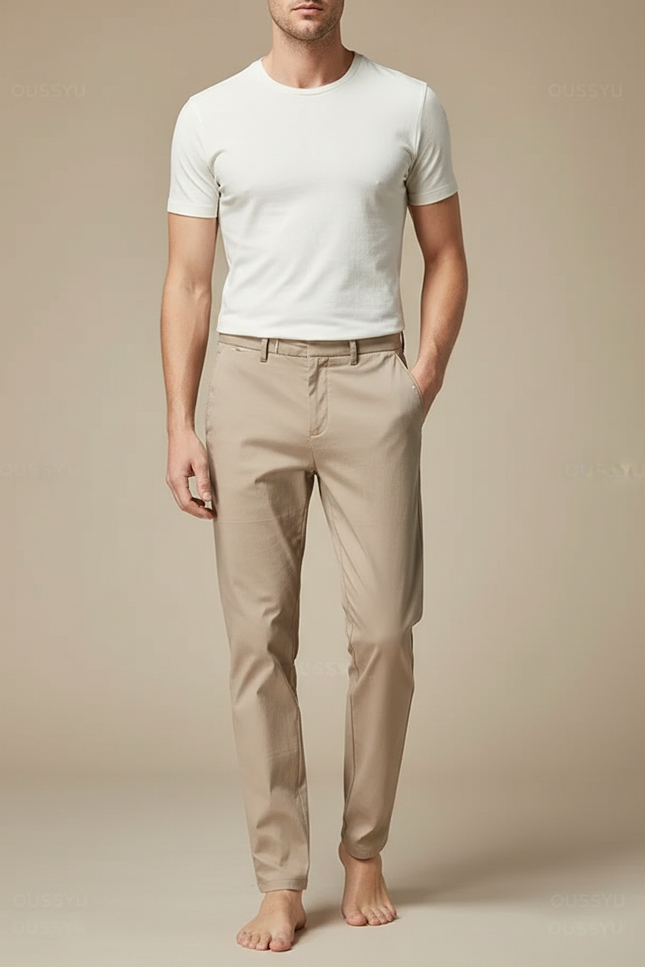 Pantalon Fluide Beige Coton Slim Stretch Décontracté Homme