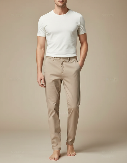 Pantalon Fluide Beige Coton Slim Stretch Décontracté Homme