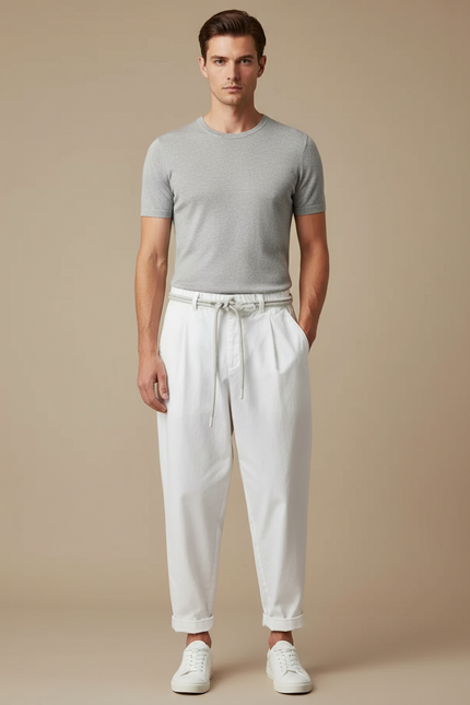 Pantalon Fluide Blanc Coton Ample Décontracté Homme