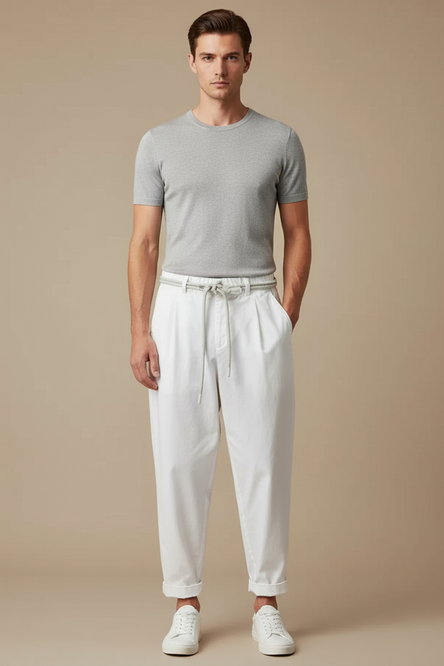 Pantalon Fluide Blanc Coton Ample Décontracté Homme