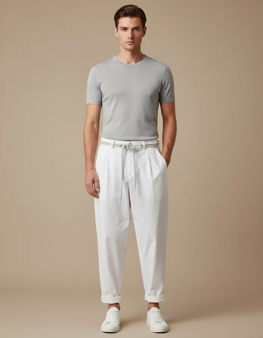 Pantalon Fluide Blanc Coton Ample Décontracté Homme