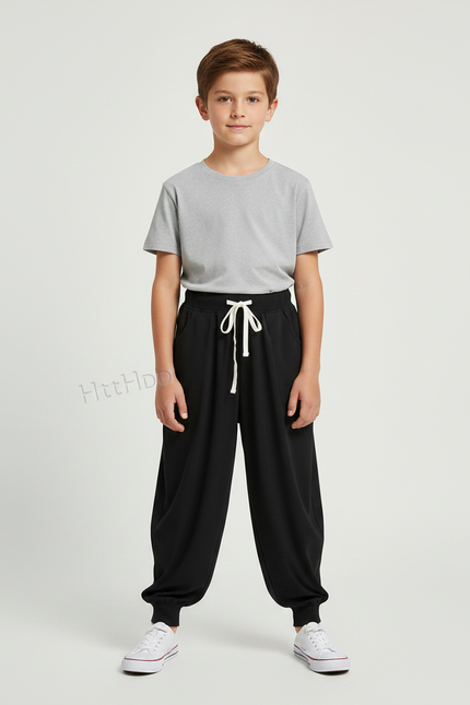 Pantalon Fluide Noir Ample Cordon Jogger Enfant - Viscose