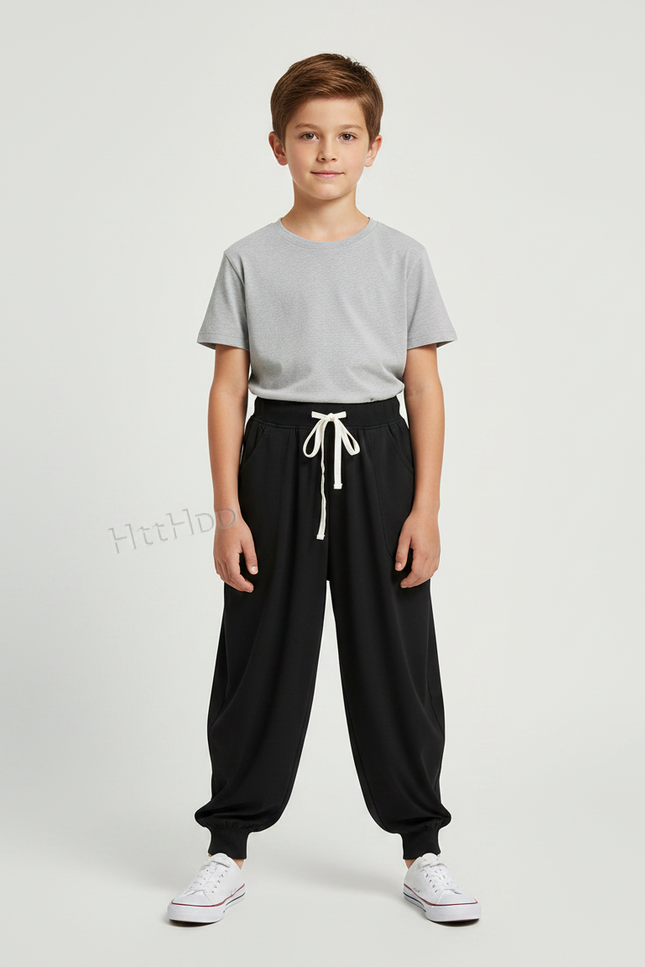 Pantalon Fluide Noir Ample Cordon Jogger Enfant - Viscose