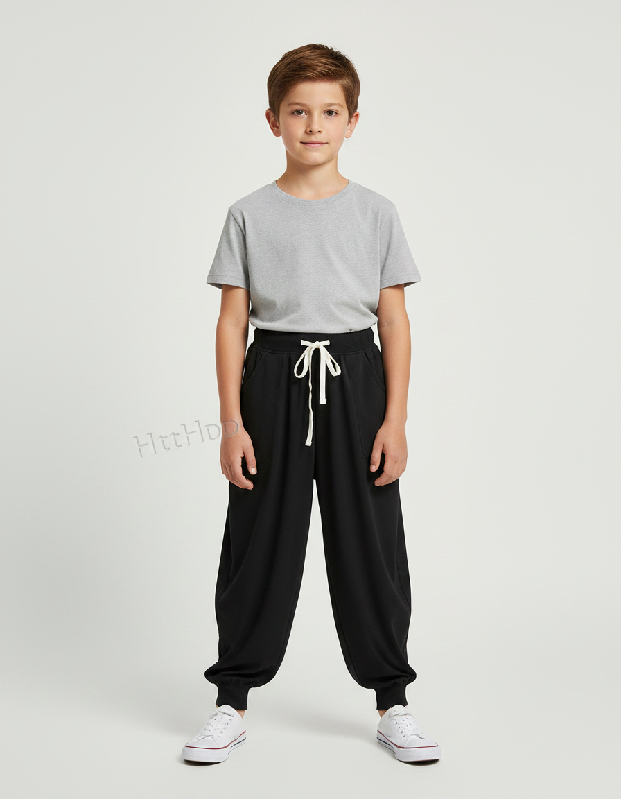 Pantalon Fluide Noir Ample Cordon Jogger Enfant - Viscose
