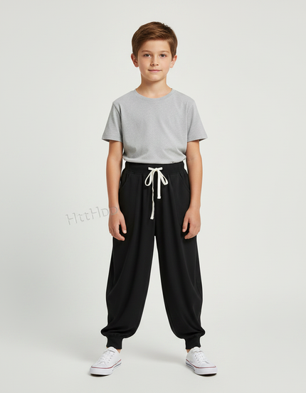 Pantalon Fluide Noir Ample Cordon Jogger Enfant - Viscose