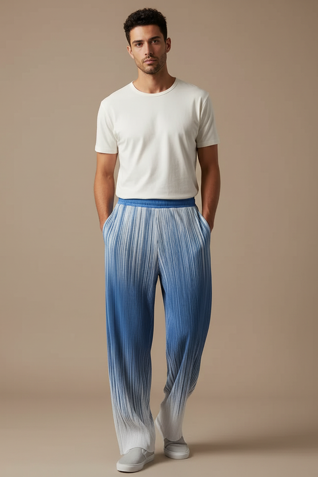 Pantalon Fluide Plissé Dégradé Bleu Large Homme - Multicolore Polyester