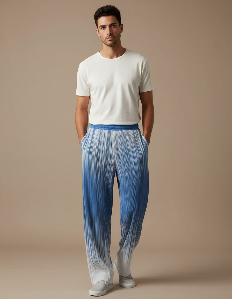 Pantalon Fluide Plissé Dégradé Bleu Large Homme - Multicolore Polyester