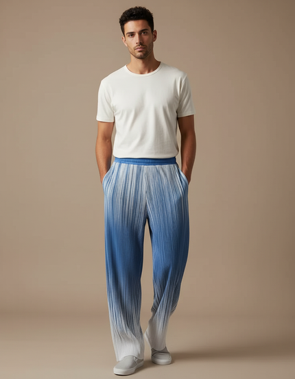 Pantalon Fluide Plissé Dégradé Bleu Large Homme - Multicolore Polyester