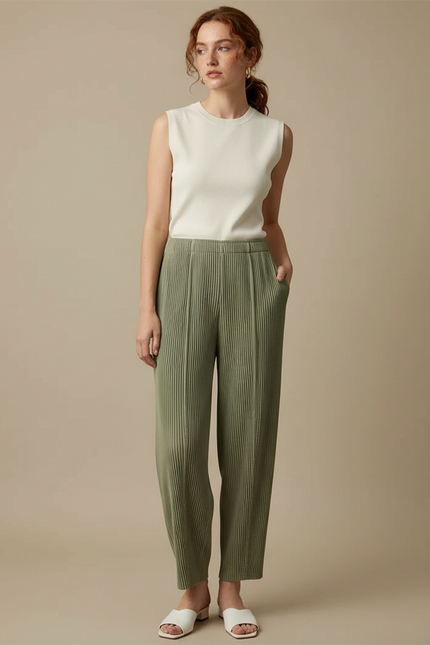 Pantalon Fluide Vert Plissé Ample Confortable Femme - Polyester
