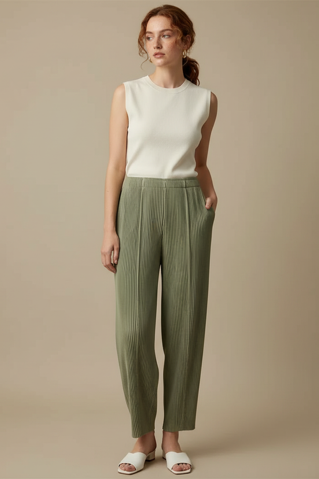 Pantalon Fluide Vert Plissé Ample Confortable Femme - Polyester