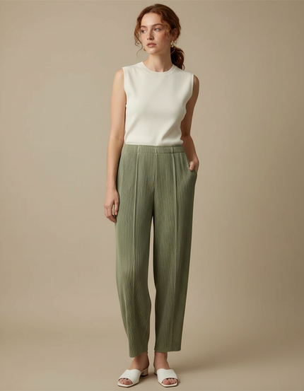 Pantalon Fluide Vert Plissé Ample Confortable Femme - Polyester