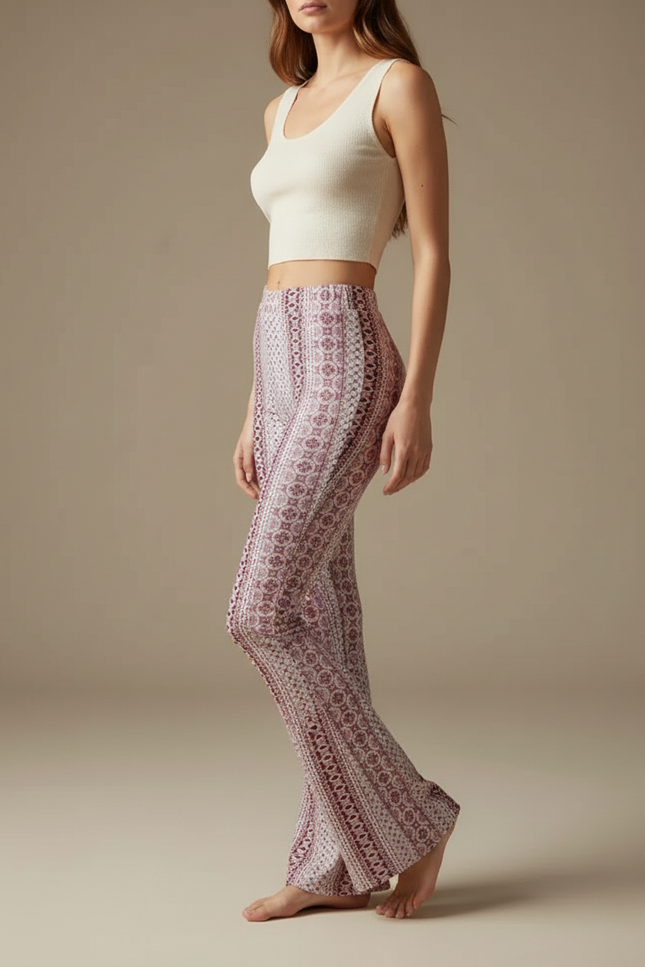 Pantalon Fluide Imprimé Bohème Élastique Évasé Décontracté - Multicolore Viscose