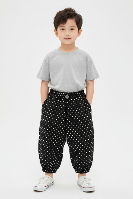 Pantalon Fluide Noir Ample Pois Blanc Garçon - Coton