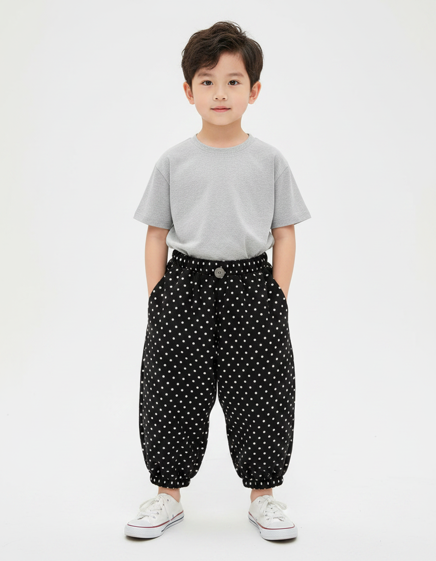 Pantalon Fluide Noir Ample Pois Blanc Garçon - Coton