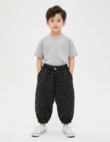 Pantalon Fluide Noir Ample Pois Blanc Garçon - Coton