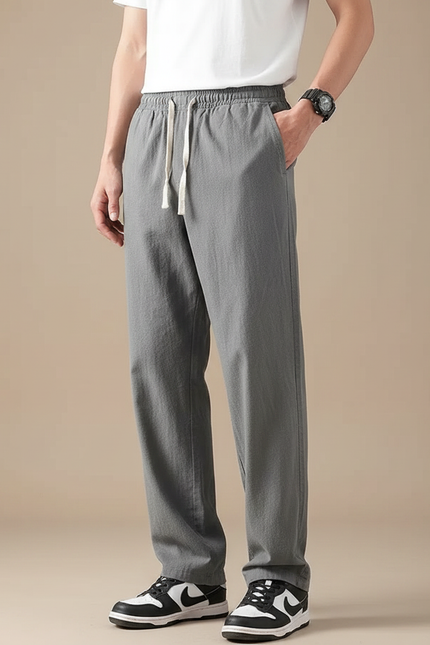 Pantalon Fluide Gris Cordon Décontracté Ample Homme - Lin