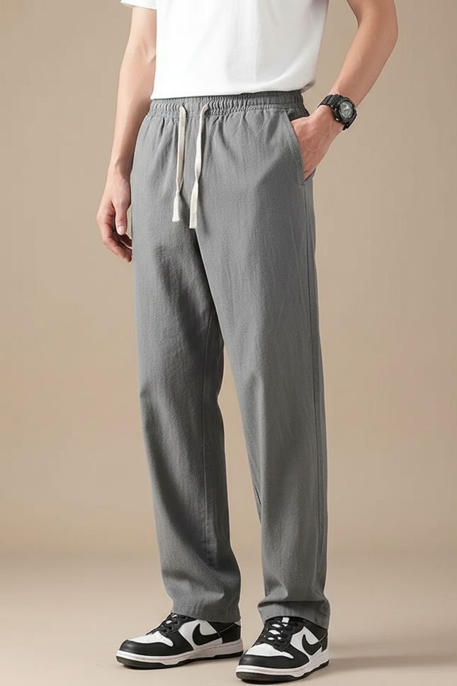 Pantalon Fluide Gris Cordon Décontracté Ample Homme - Lin