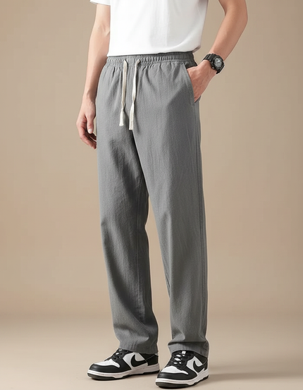 Pantalon Fluide Gris Cordon Décontracté Ample Homme - Lin
