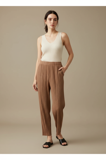 Pantalon Fluide Plissé Marron Ample Confortable Femme - Polyester