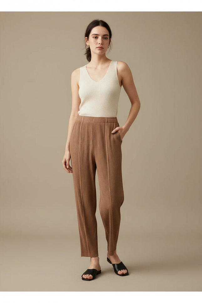 Pantalon Fluide Plissé Marron Ample Confortable Femme - Polyester