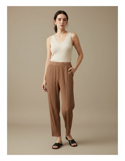 Pantalon Fluide Plissé Marron Ample Confortable Femme - Polyester