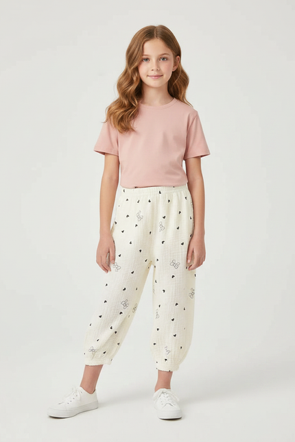 Pantalon Fluide Écru Coton Imprimé Cœurs Papillons - Beige