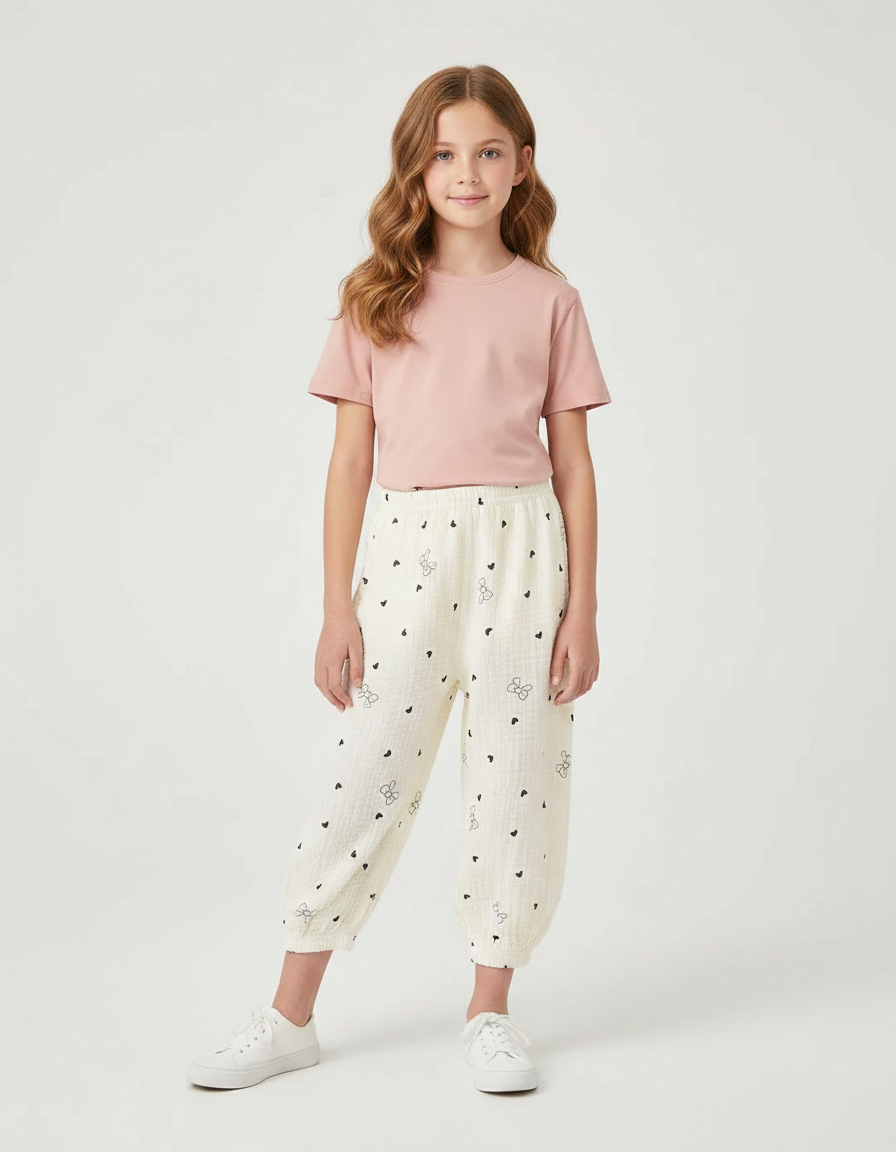 Pantalon Fluide Écru Coton Imprimé Cœurs Papillons - Beige