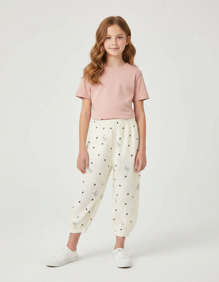 Pantalon Fluide Écru Coton Imprimé Cœurs Papillons - Beige
