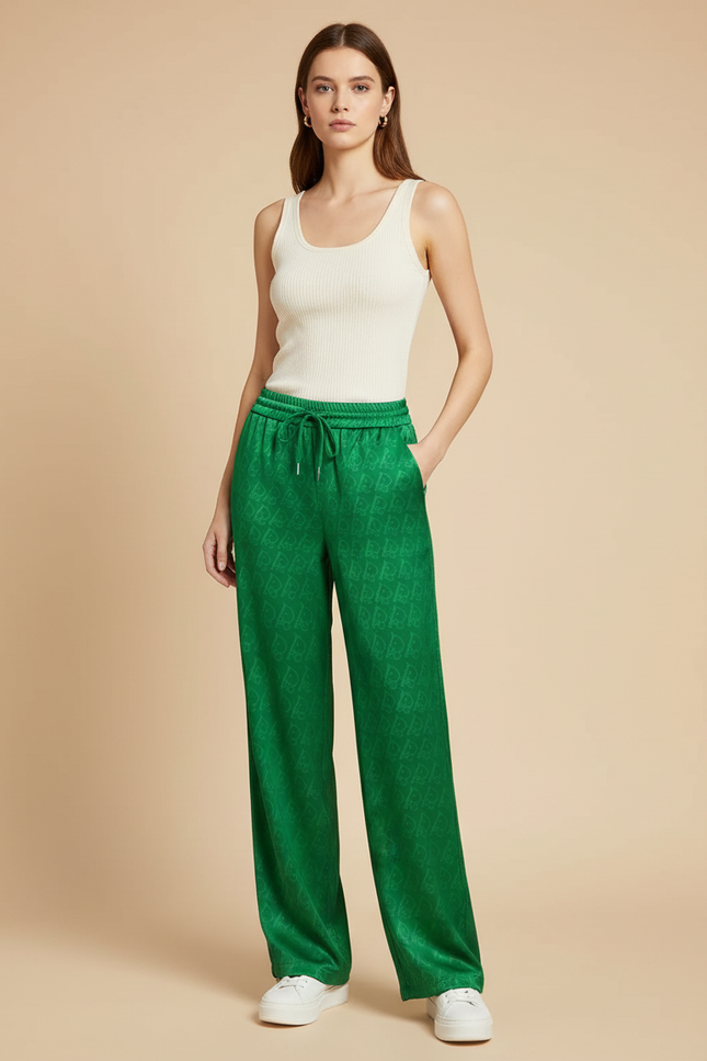 Pantalon Fluide Vert Satiné Ample Motif Jacquard Femme
