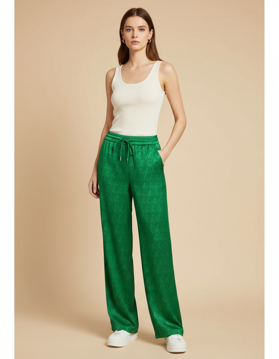 Pantalon Fluide Vert Satiné Ample Motif Jacquard Femme