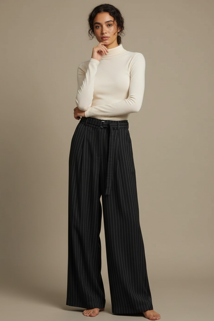 Pantalon Fluide Noir Rayé Ample Taille Haute Élégant - Polyester