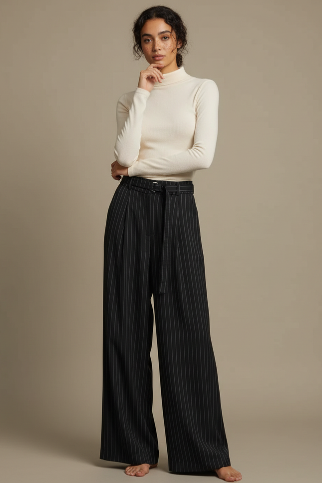 Pantalon Fluide Noir Rayé Ample Taille Haute Élégant - Polyester