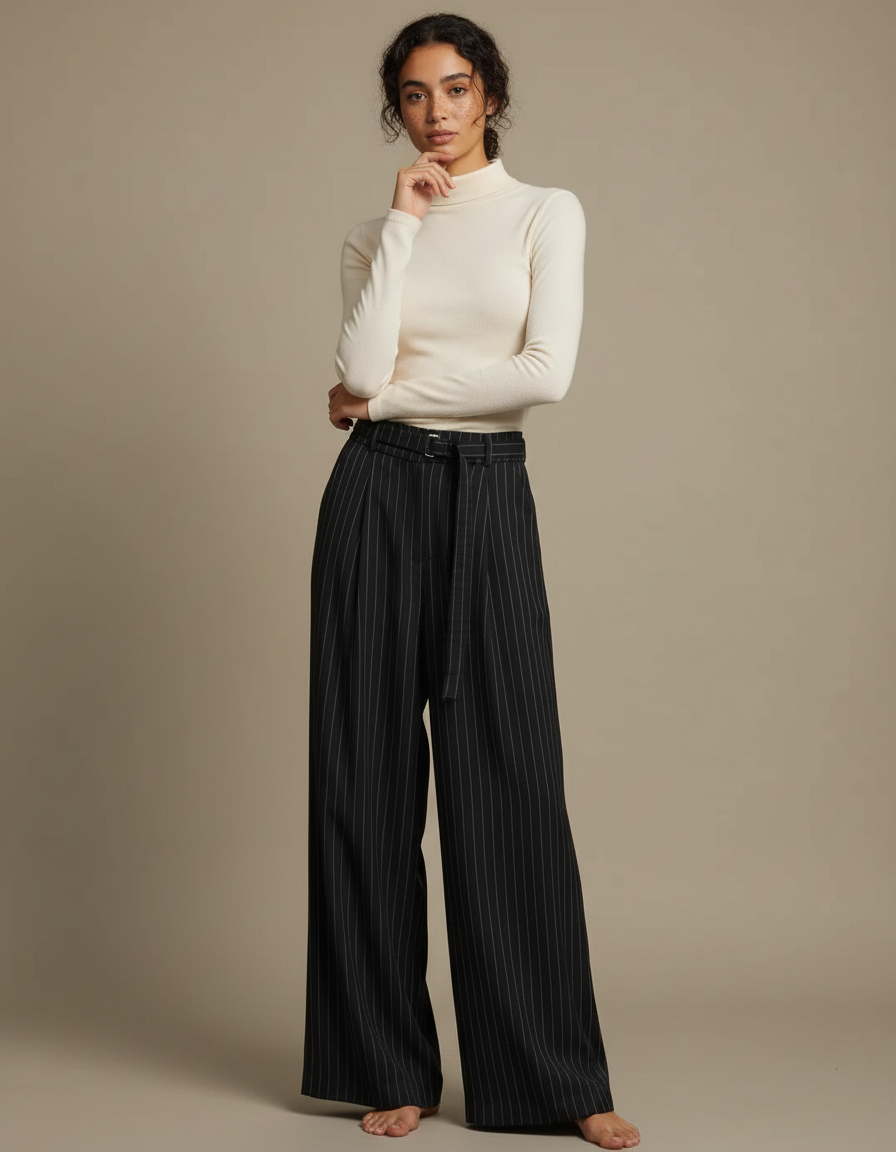 Pantalon Fluide Noir Rayé Ample Taille Haute Élégant - Polyester