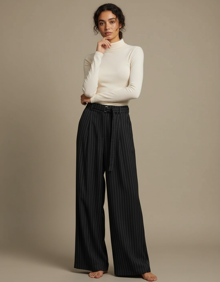 Pantalon Fluide Noir Rayé Ample Taille Haute Élégant - Polyester