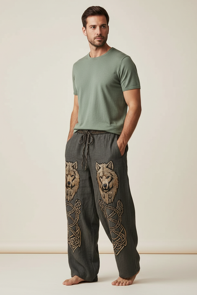 Pantalon Fluide Gris Ample Loup Viking Homme - Lin