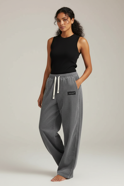 Pantalon Fluide Côtelé Gris Ample Décontracté Femme - Cordé