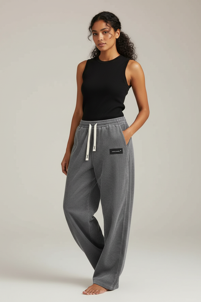 Pantalon Fluide Côtelé Gris Ample Décontracté Femme - Cordé
