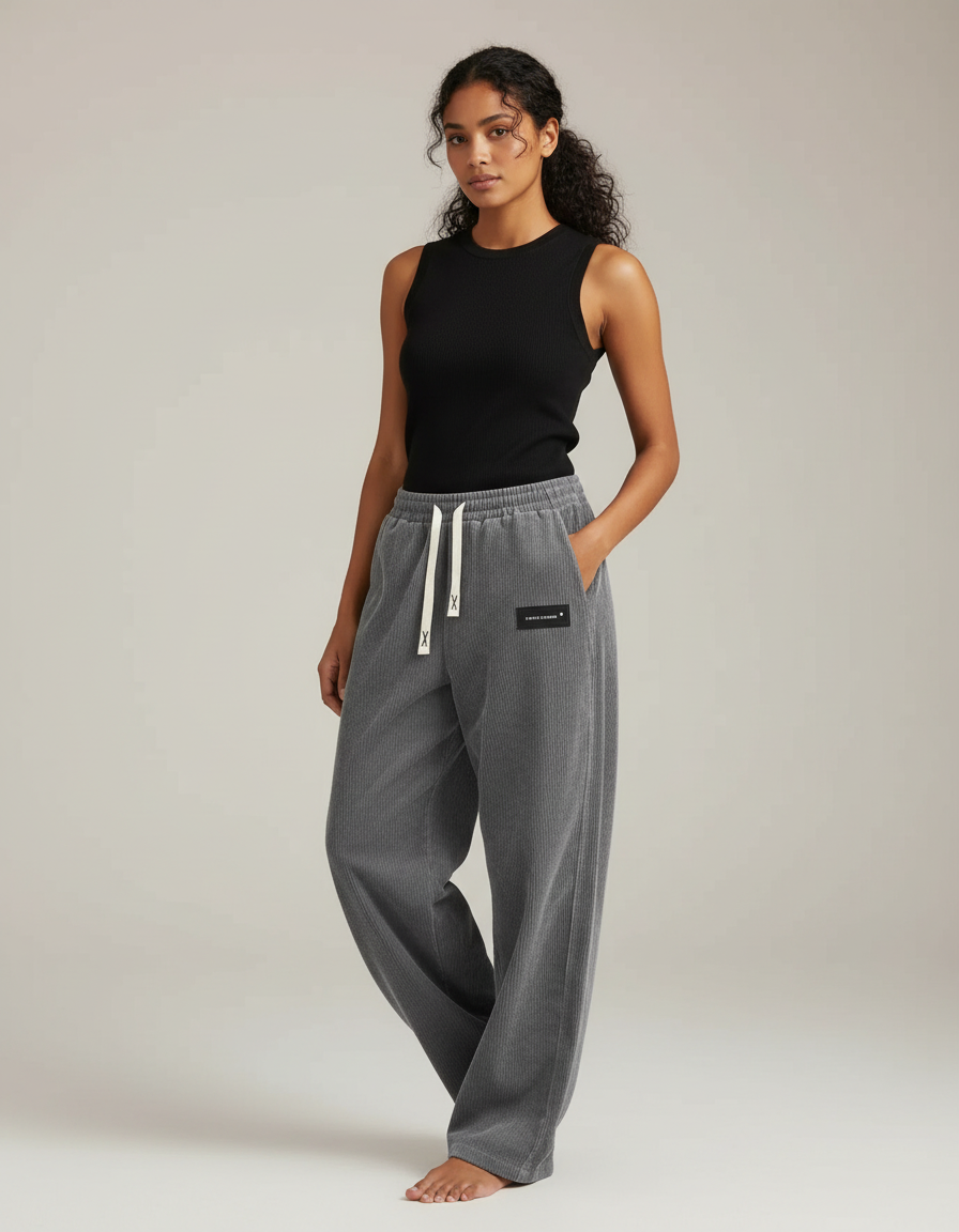 Pantalon Fluide Côtelé Gris Ample Décontracté Femme - Cordé