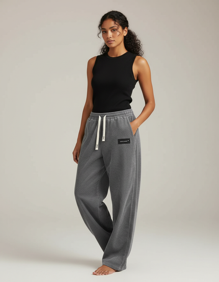 Pantalon Fluide Côtelé Gris Ample Décontracté Femme - Cordé